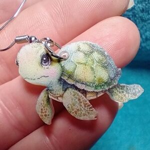 Cute green brown turtle wire earrings
